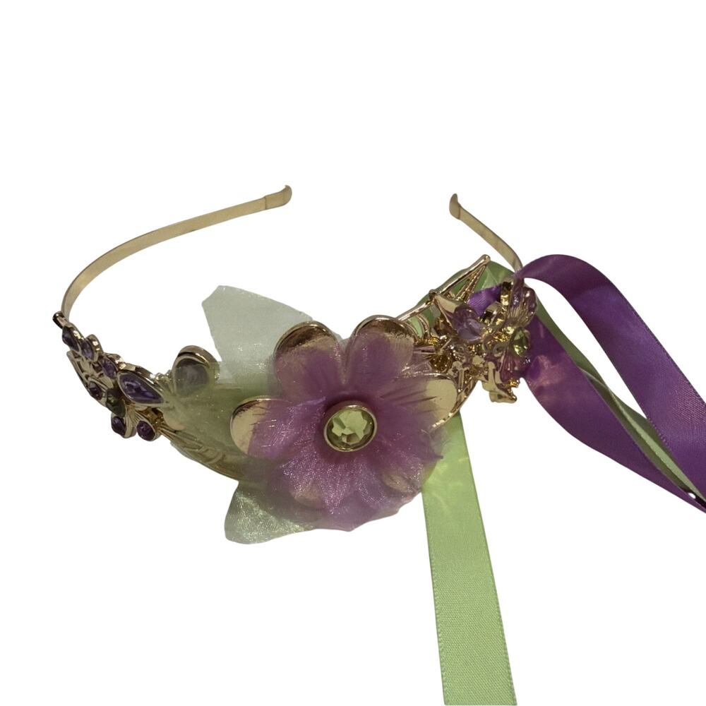 Disney Tinkerbell Headband Purple Green Ribbon Streamers Gold Tone Band